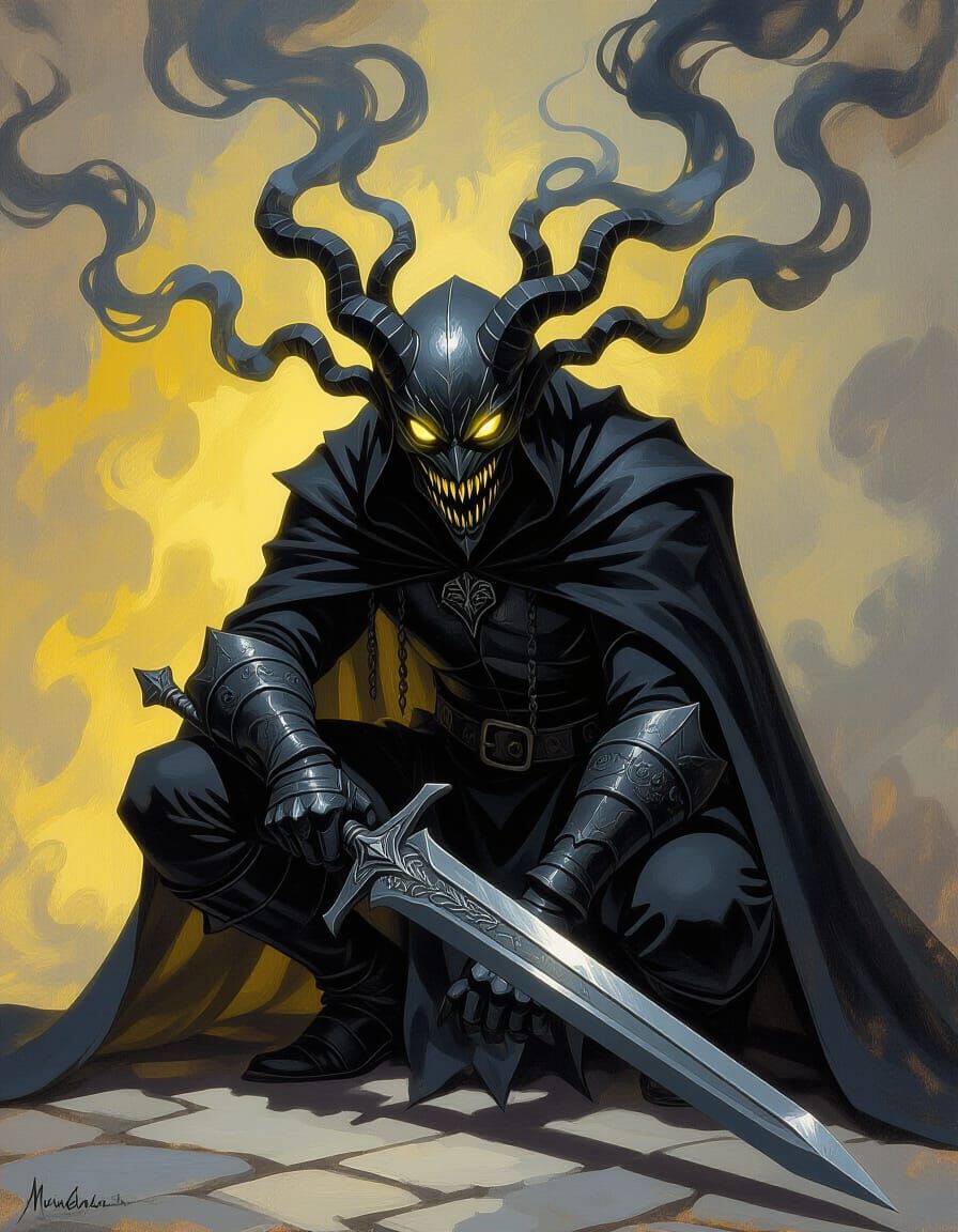 A closeup view of an atmospheric and powerful dark fantasy, natural organic and impressionist classical-style painting of a dark and ominous...