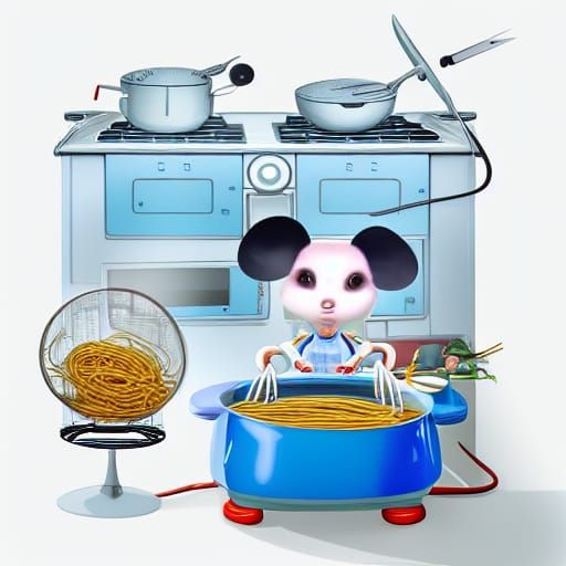 Female robot with cute mouse face and ears cooking a big pot...
