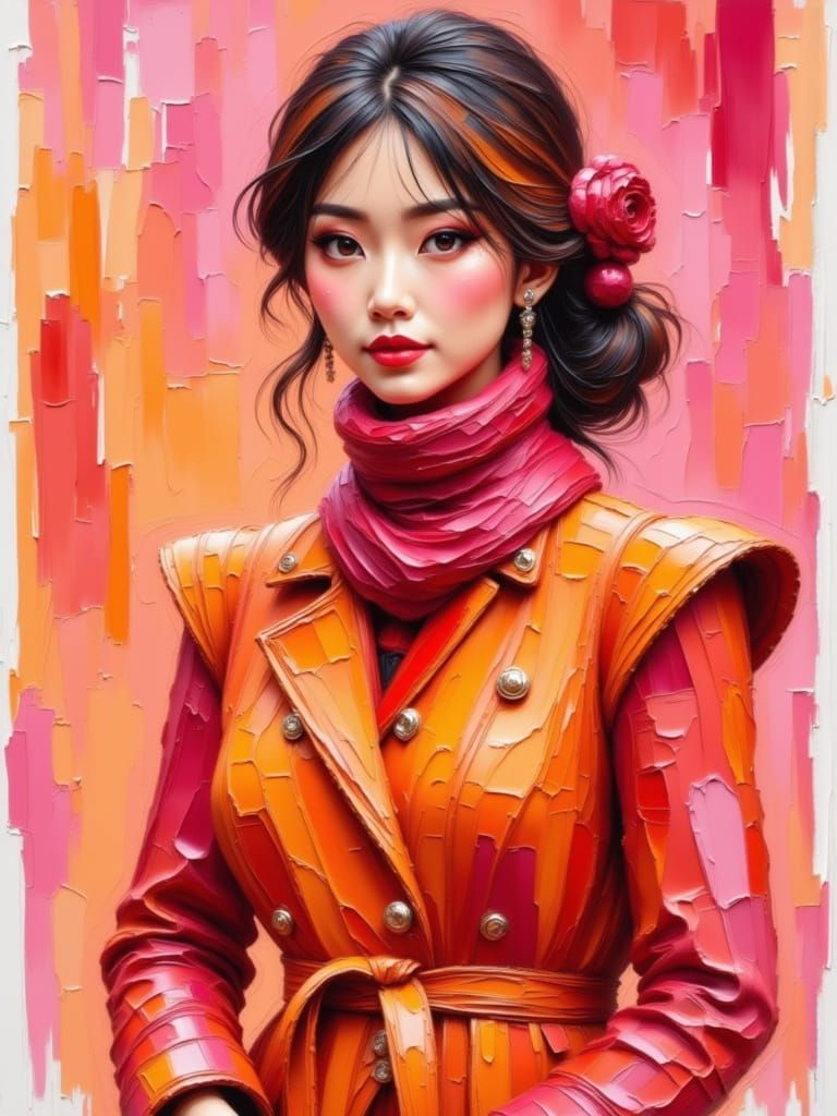 Vibrant Person in Orange Coat and Pink Hat