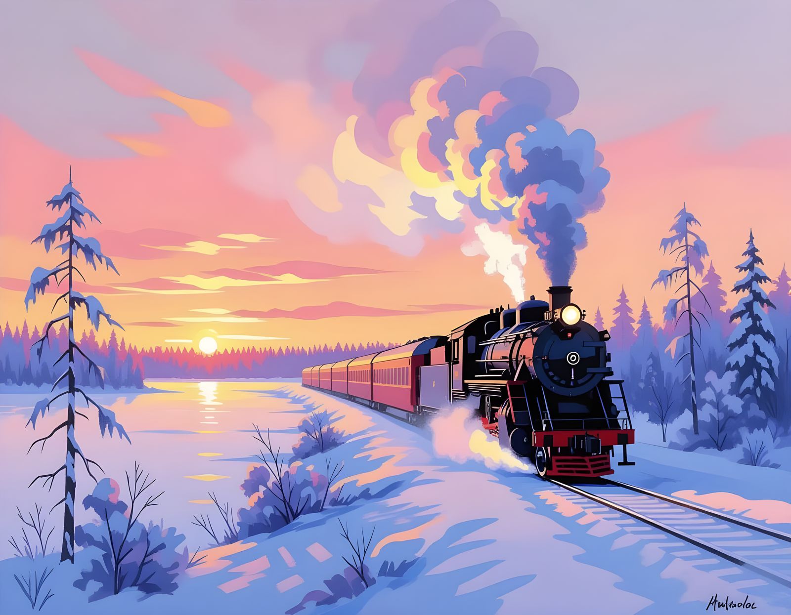 Classic steam train riding near a frozen lake in Northern Finland on a early morning  by @Fokje