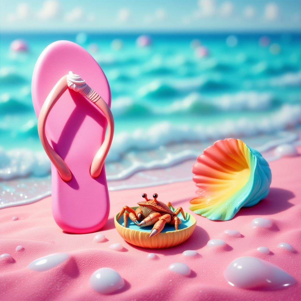 <lora:Water and Colour:1.0>Pink sands beach scene, pastel rainbow colored flip flop standing at the shore. A hermit crab cozy nestled in a c...