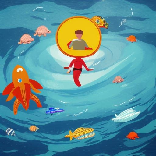 astronaut in ocean surrounded by sea monsters