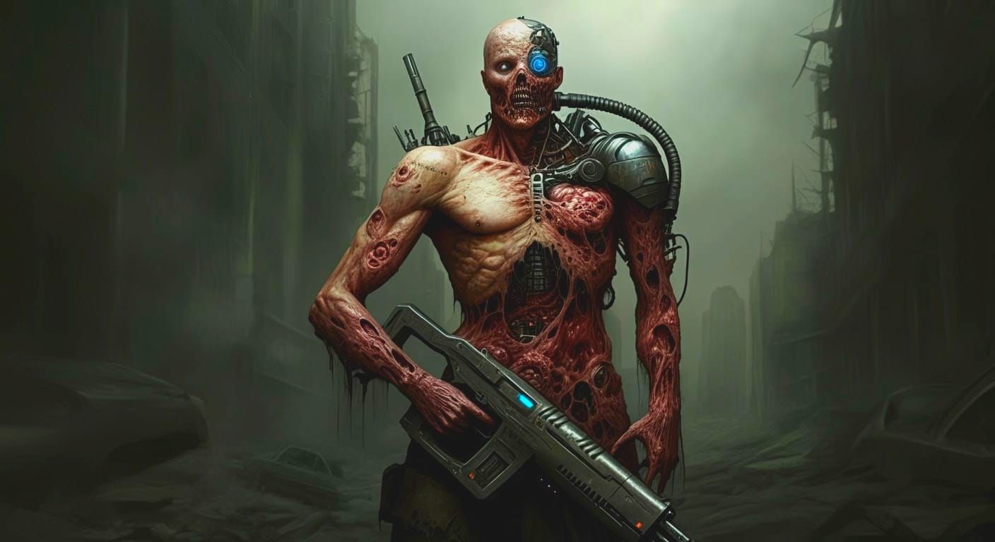 Post Apocalyptic cyborg Terminator with skin dropping off because of Radiation