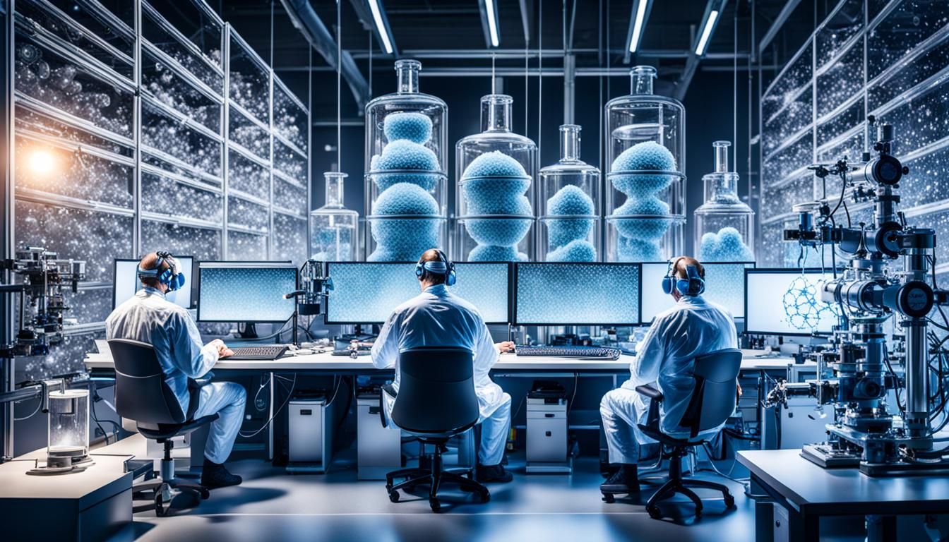 scientists in laboratory studying with computer molecular sc...