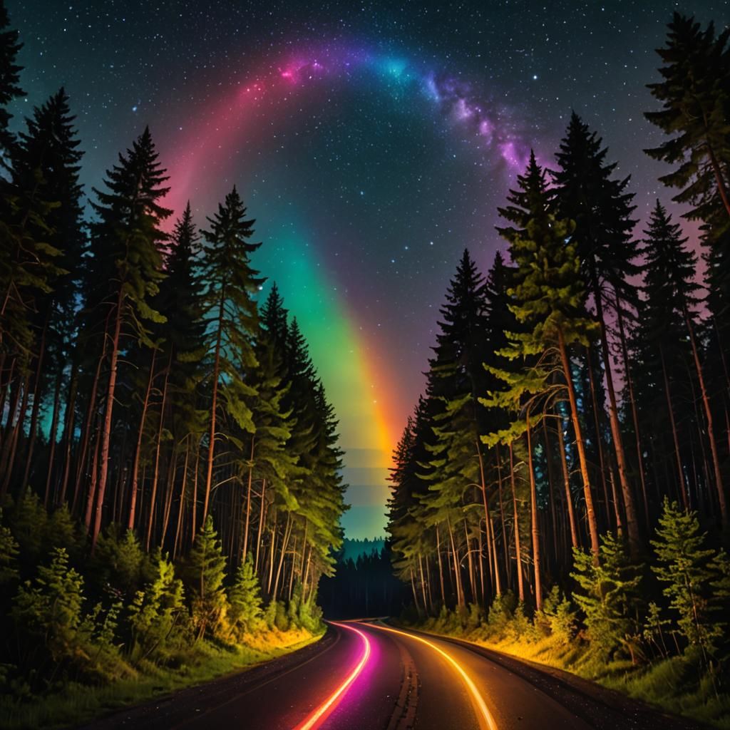 Wide, vibrant, glowing rainbow road through a forest in the ...