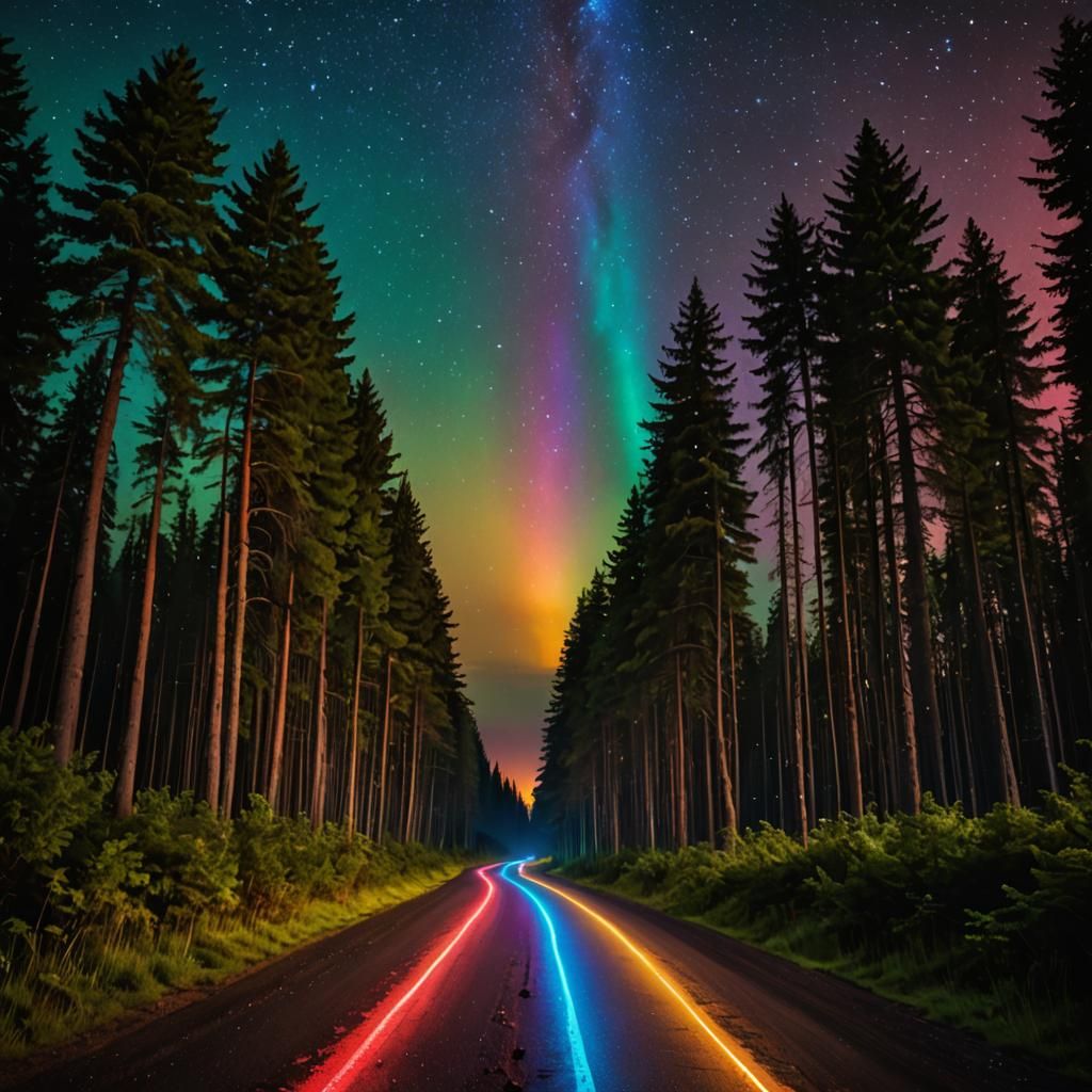 Wide, vibrant, glowing rainbow road through a forest in the ...