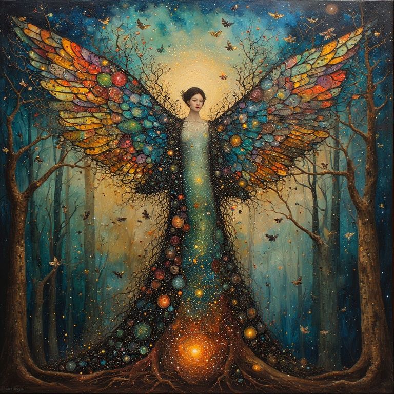 She rises from a dark forest floor, blossoming like a tree w...