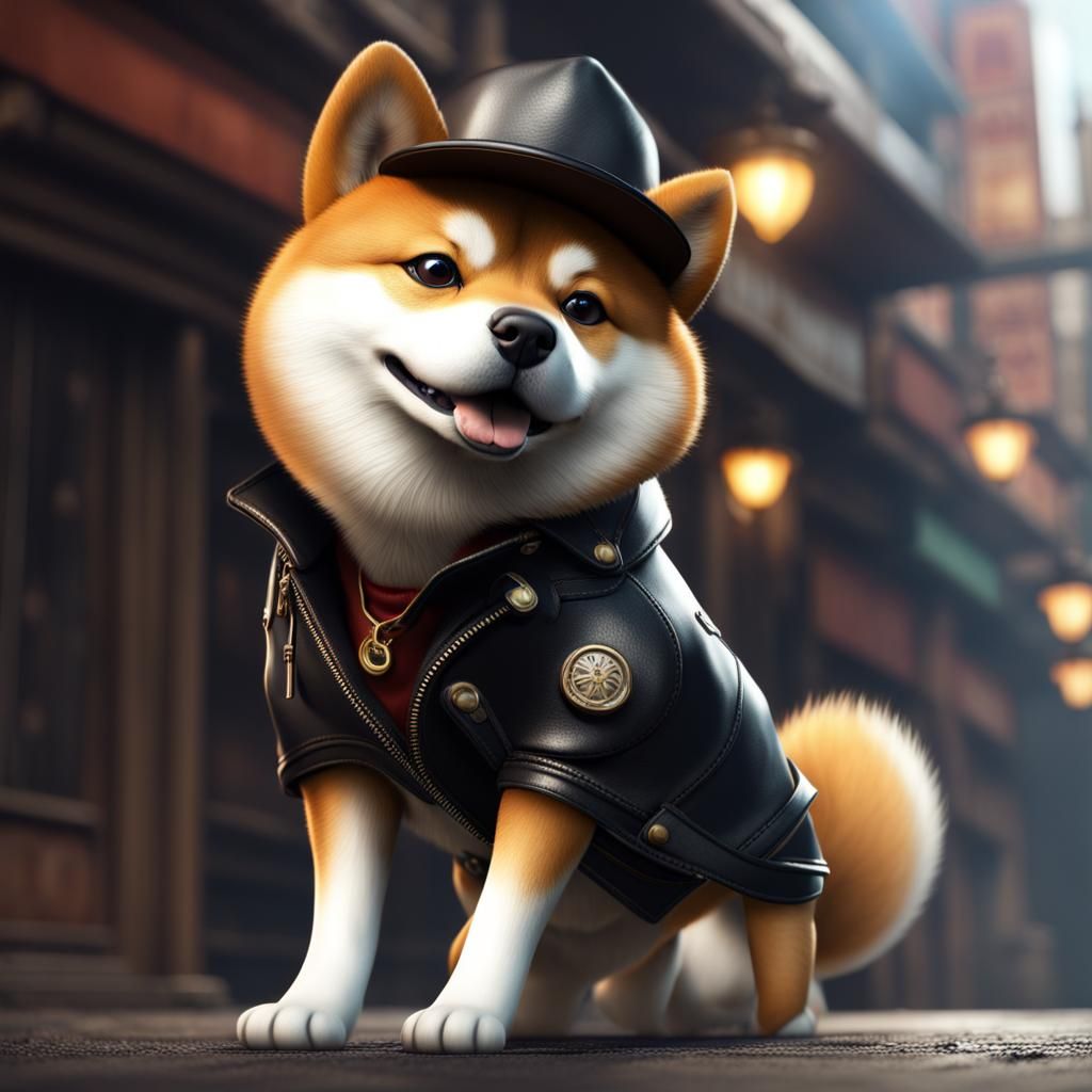 Shiba Inu wearing a leather jacket and a backward hat