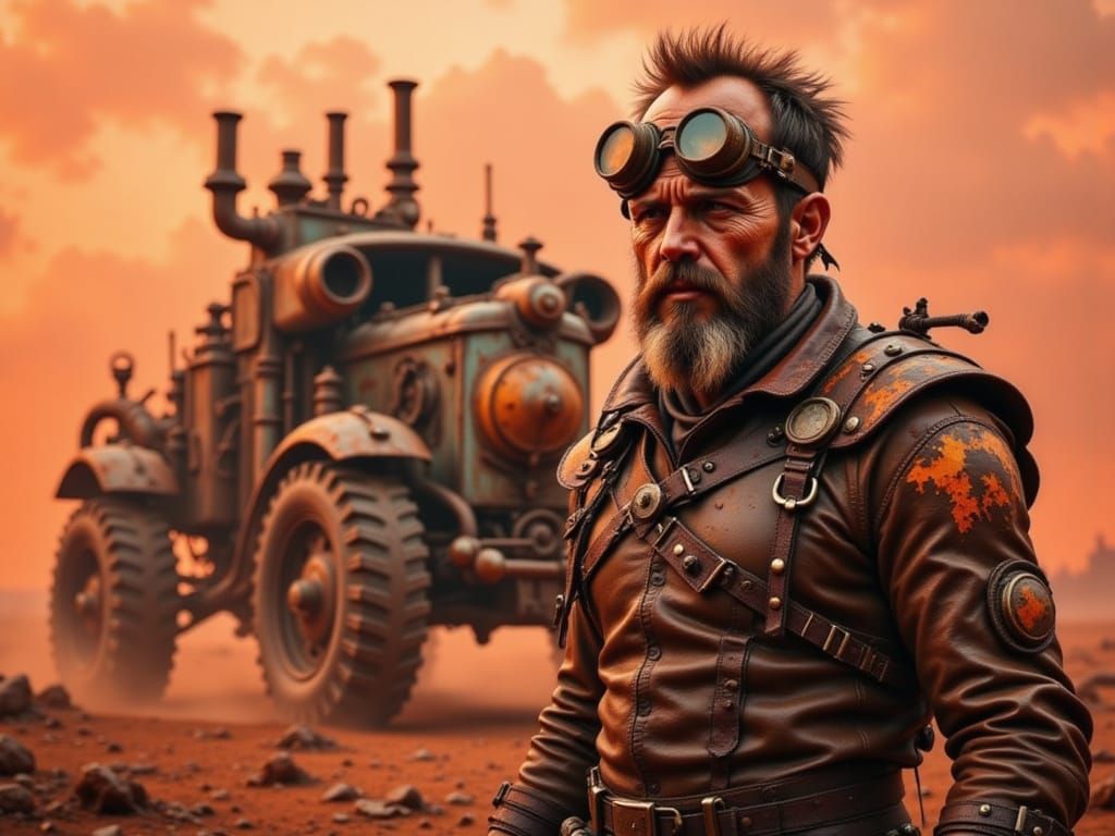 In a ravaged, dystopian Mad-Max inspired wasteland, a steampunk warrior is clad in distressed leather armor and goggles.  Behind him stands ...