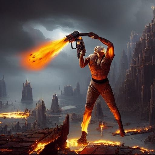 man with flamethrower arms