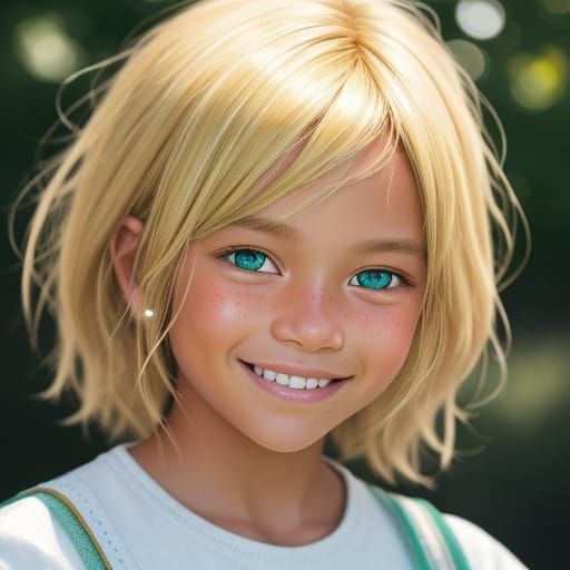 Portrait of Tanned Child with Green Eyes