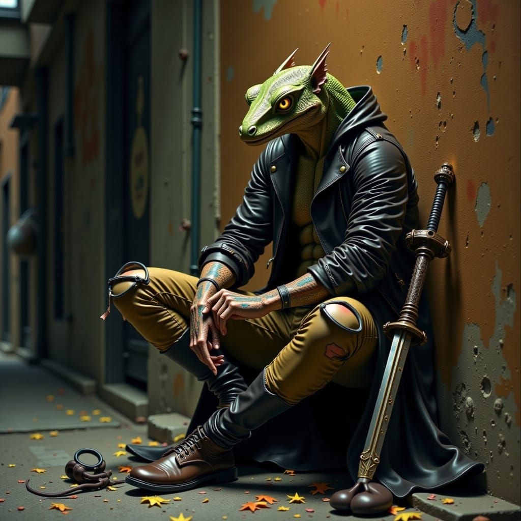 Lizardfolk rogue, dressed in a worn leather jacket, scuffed up boots, and a pair of ripped, earth-toned pants, leaning against a dimly lit a...