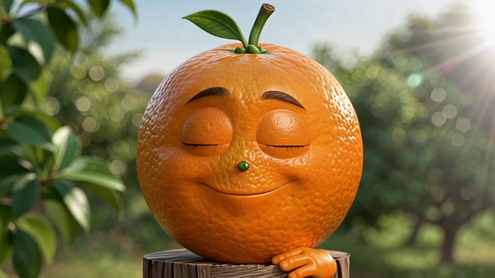 An orange develops a face and says "good Morning"