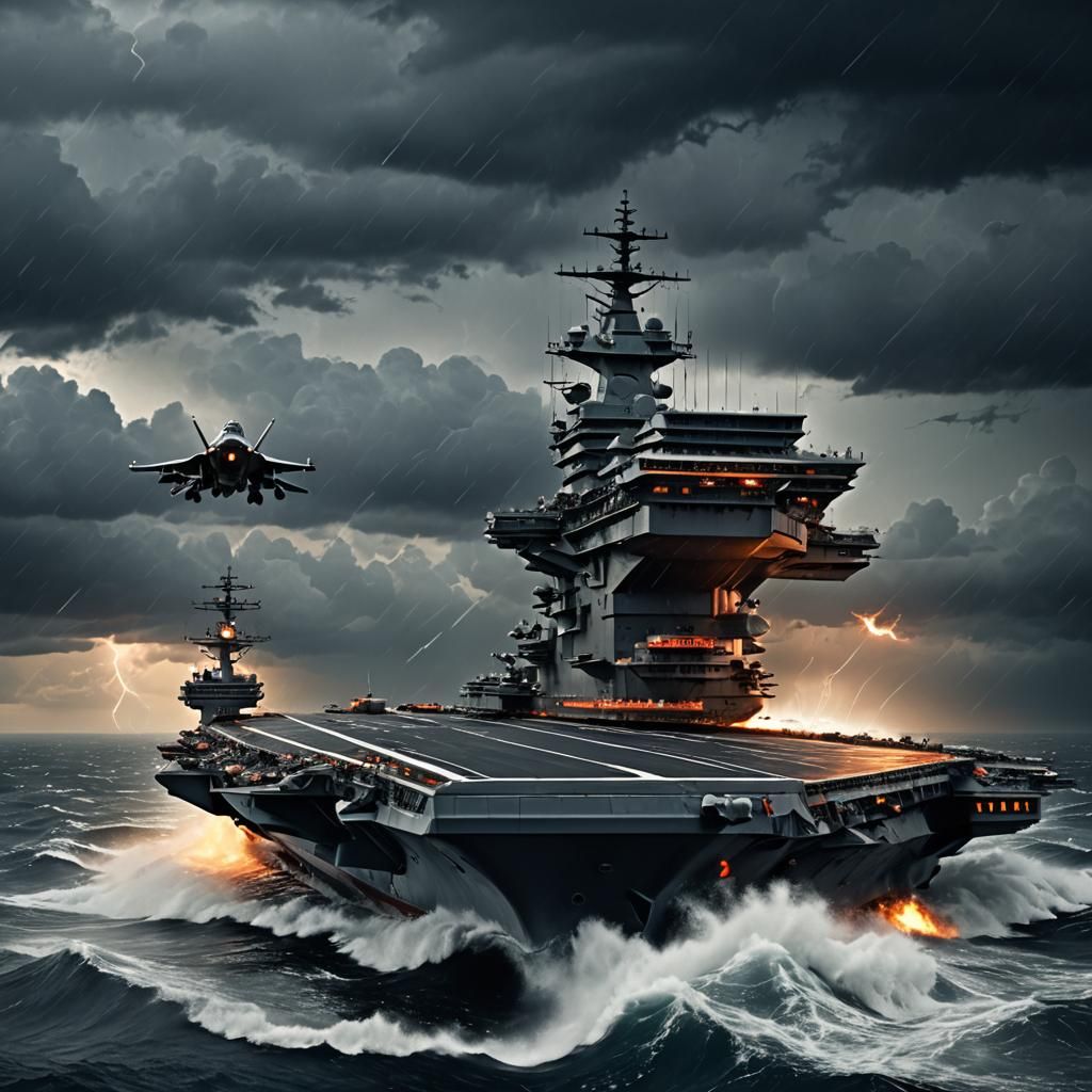 Futuristic Aircraft Carrier in Stormy Seas