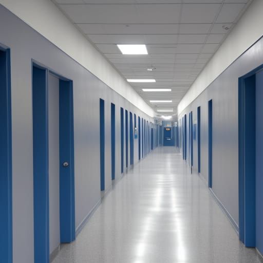 a gray and blue school hallway