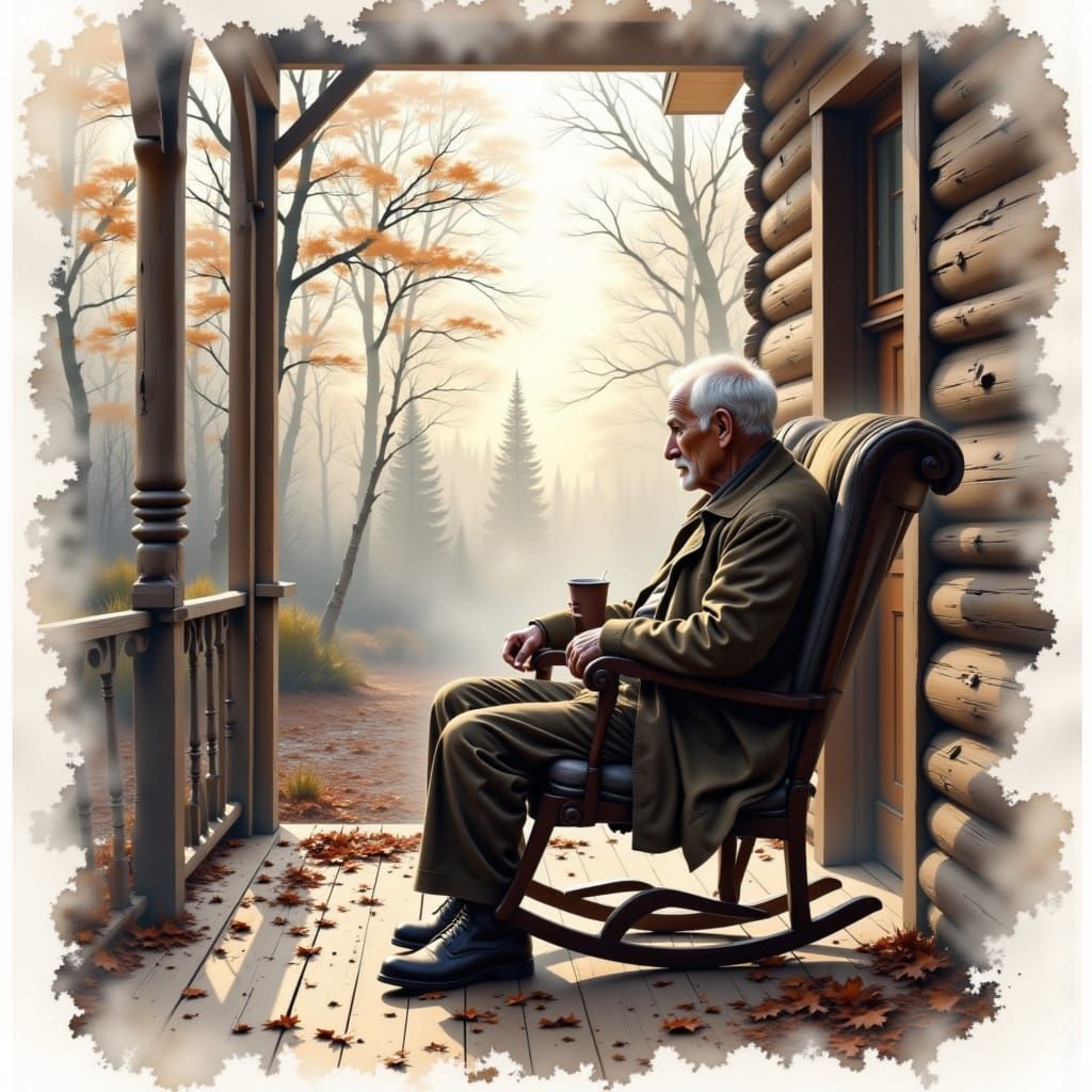 Old man, sitting on a rocking chair on the porch of his hunting cabin.
wet-on-wet watercolor alcohol ink negative space, coffee-stained spla...