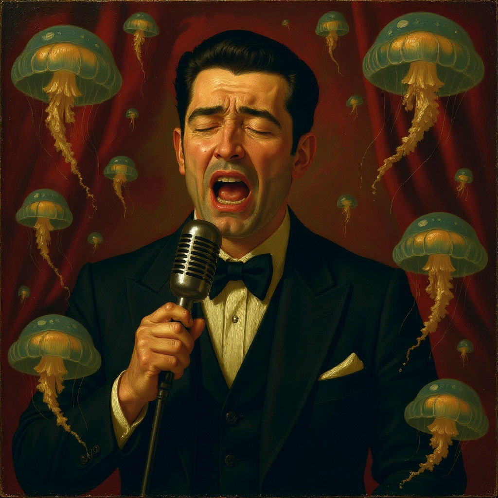 Create a close up portrait of a 1930s cabaret, singer, male very handsome similar to Dean Martin and his youth standing on a stage with red ...