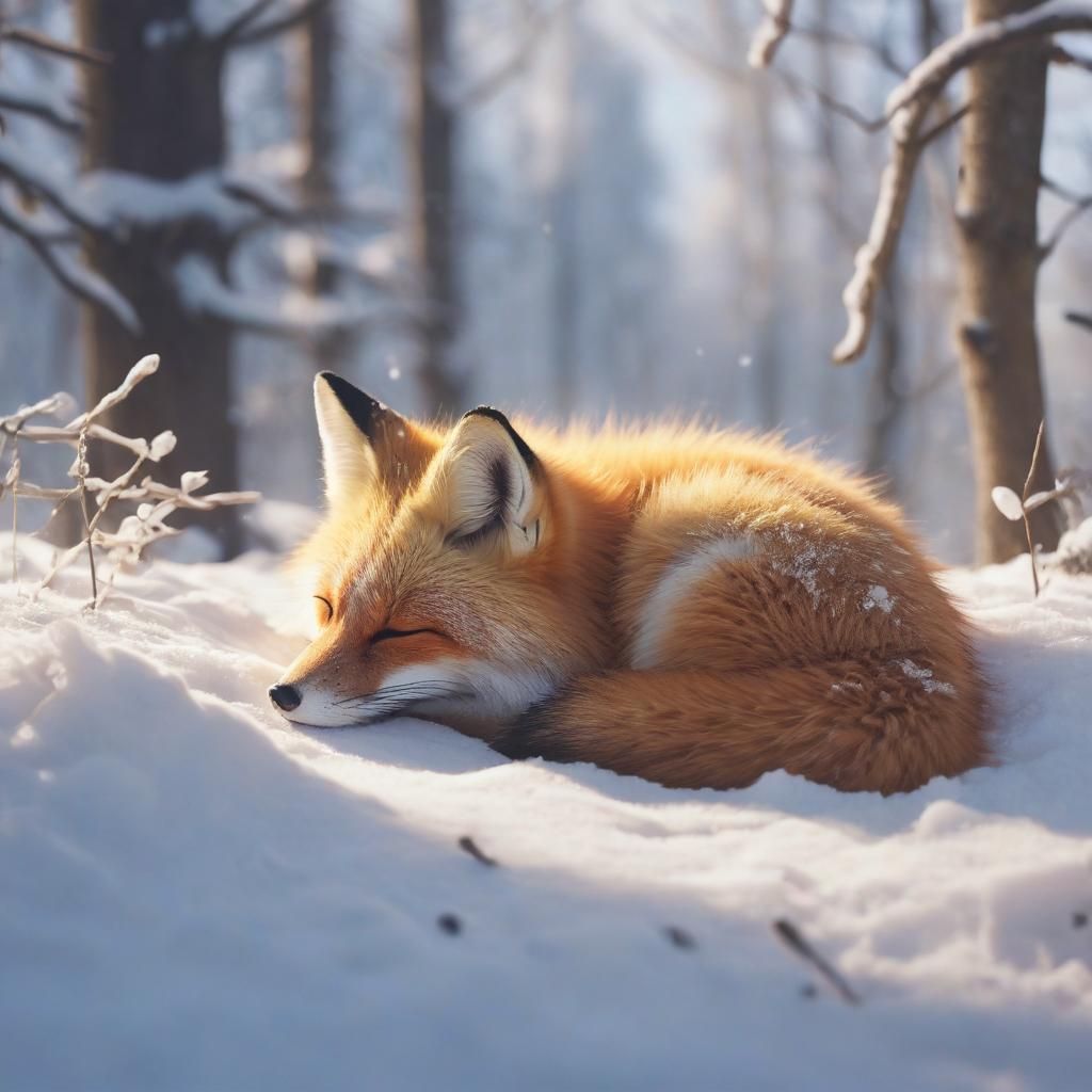 Fox Sleeping in Winter Forest: Digital Anime Art