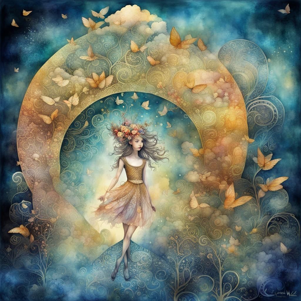 Woman with butterflies, Beautiful fantasy world watercolor art by ...