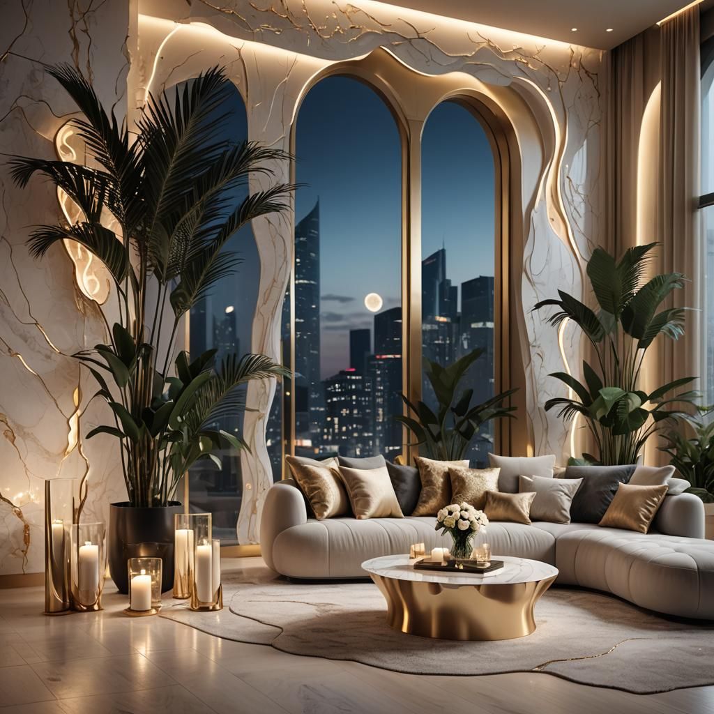 Futuristic Minimalist Living Room with Night View