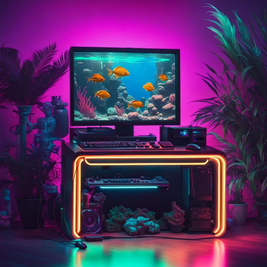 A gaming PC in front of a tropical fish tank