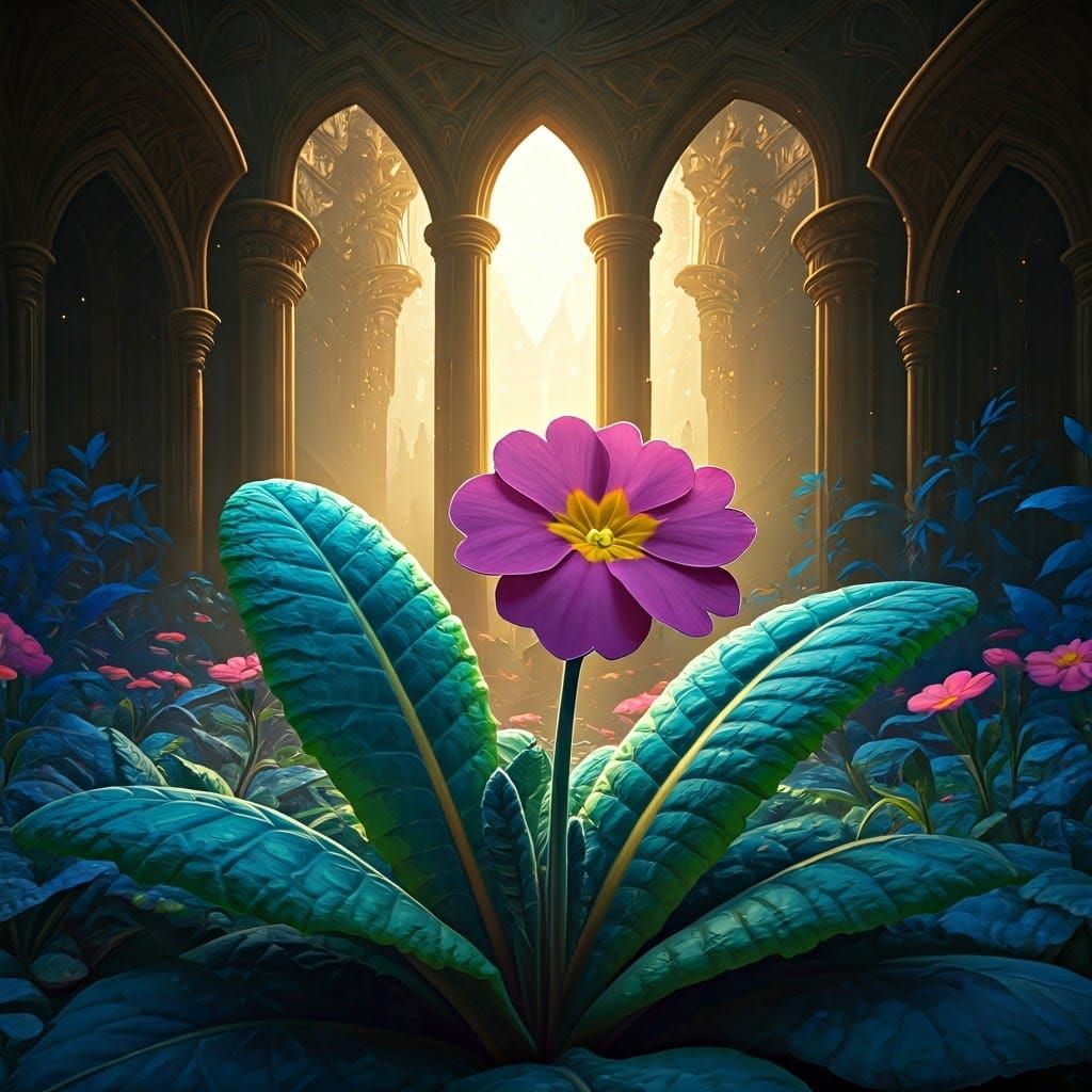 Surreal Primrose Bloom in Dreamlike Architecture
