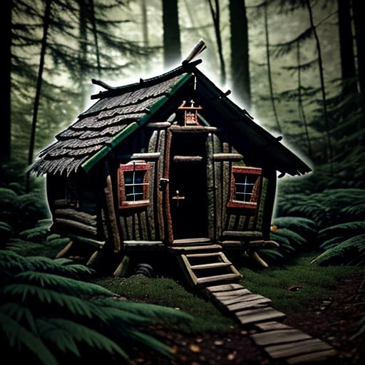 baba yaga's hut terrifyingly walks through the forest on chi...