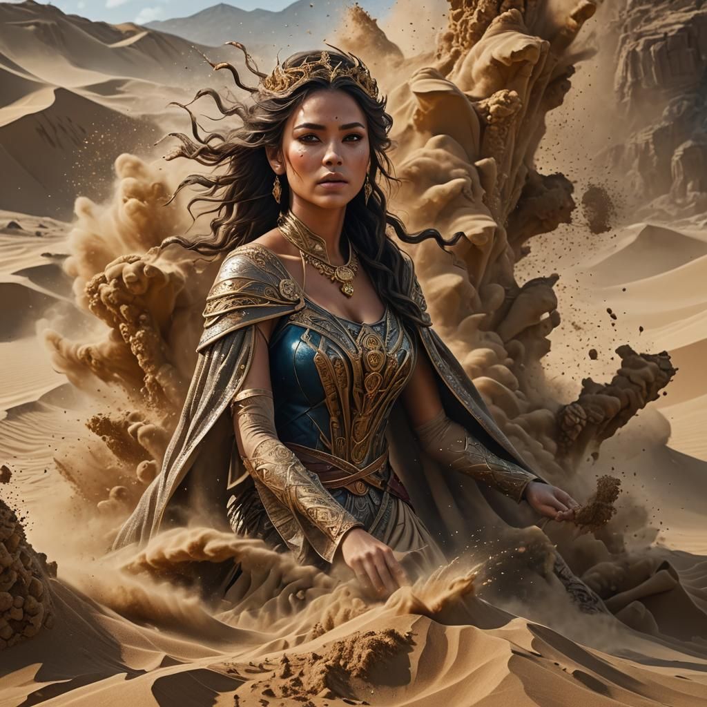 A beautiful woman made of sand blowing away.  Stunning, extr...