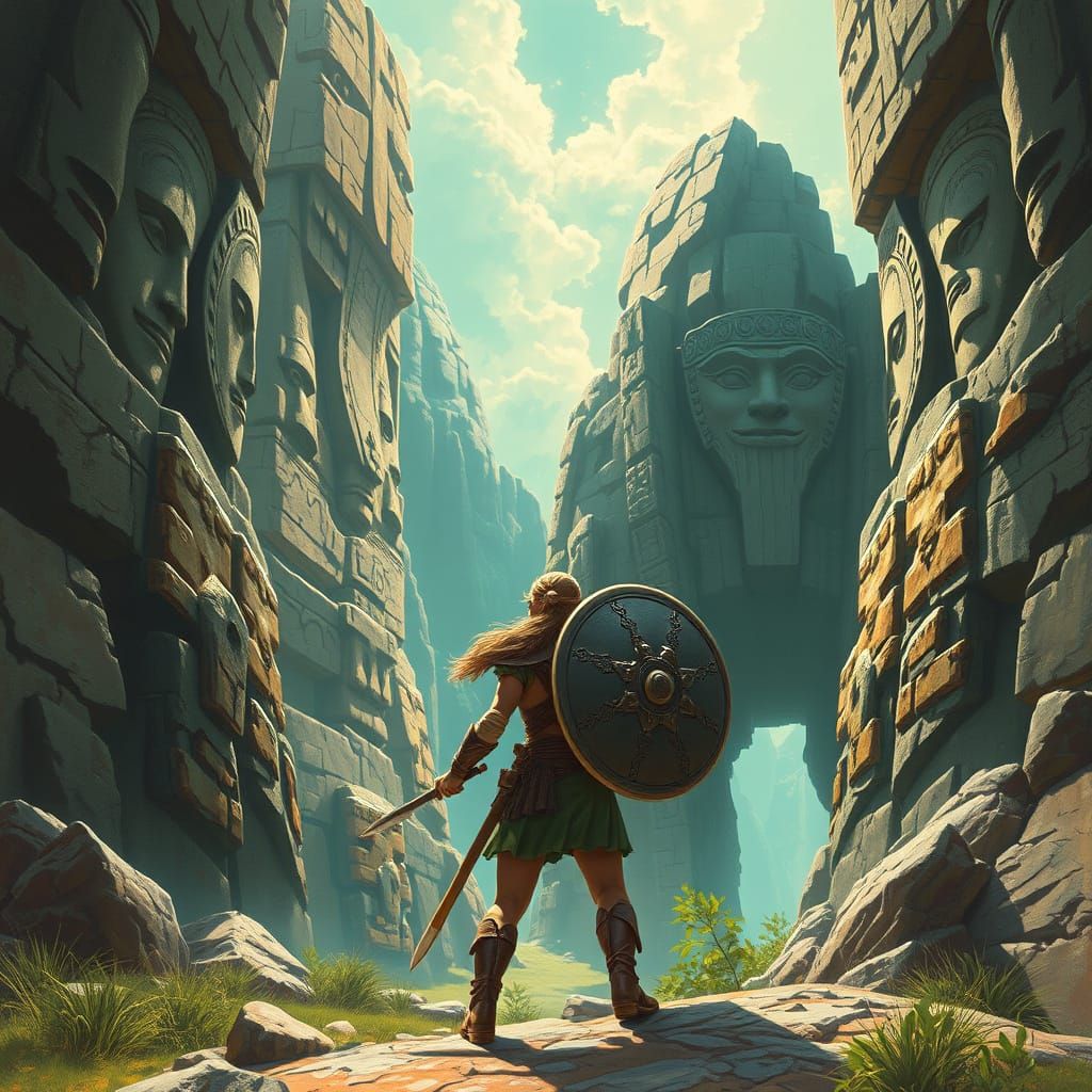 shield-maiden confronts a giant