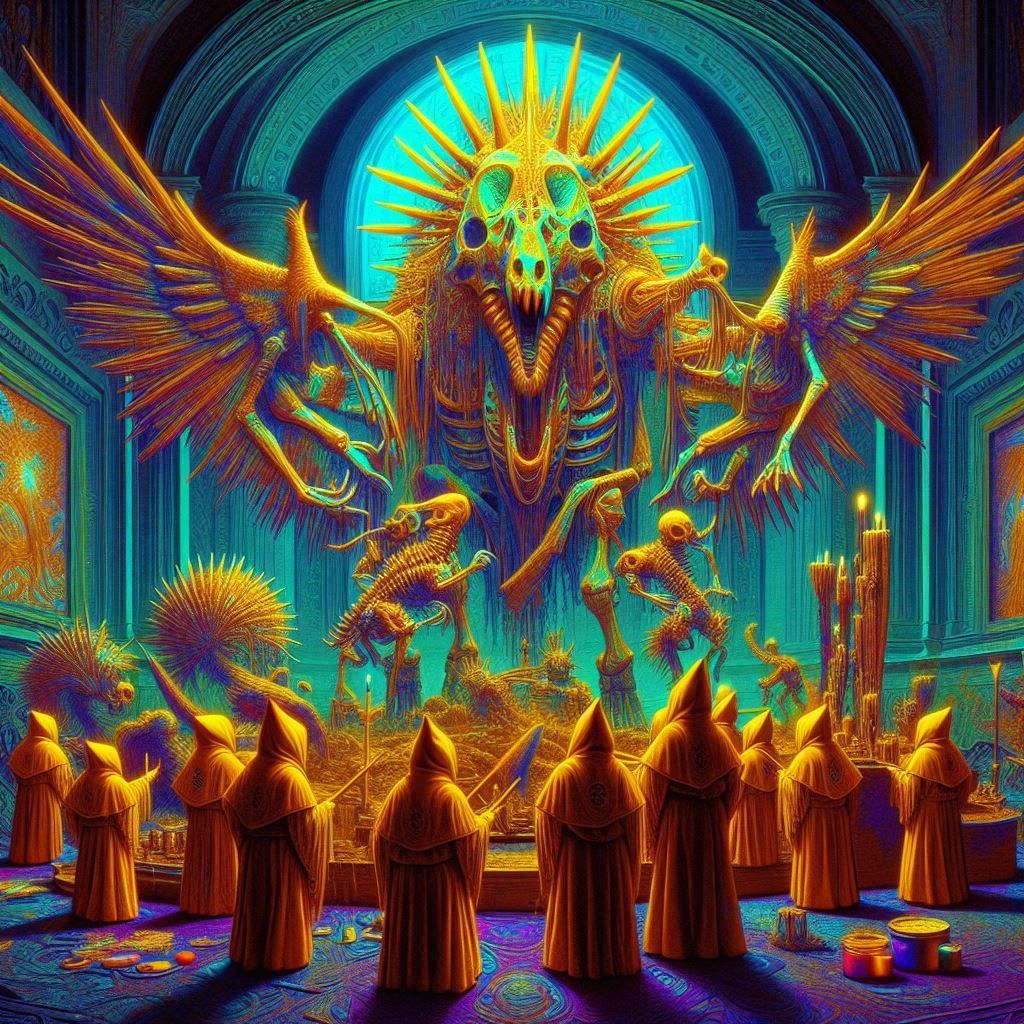 dwarf monks illuminating a fossil