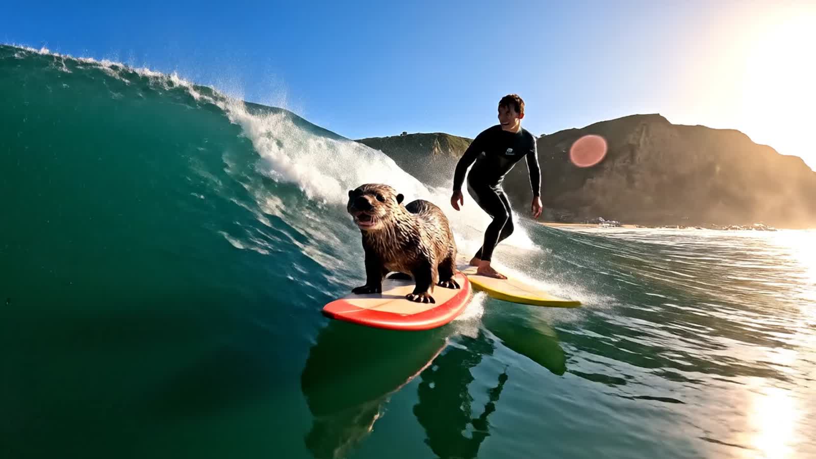 An otter happily surfing on a surfboard on the perfect wave in 
Santa Cruz with a fellow surfer next to him on another b...