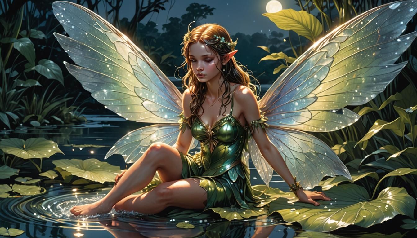 A solitary fairy with soft, shimmering wings perches gracefully on a large, dewy leaf, gazing into the ...  by @Susasirin