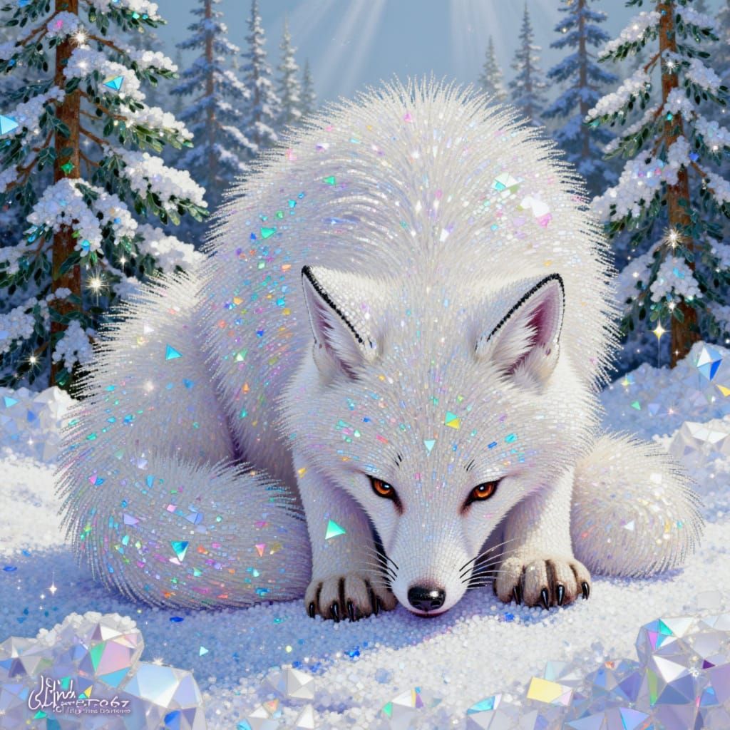 An Arctic fox with it's head turned and looking down at snow. There are fir trees in the background. The whole creation is in diamond painti...