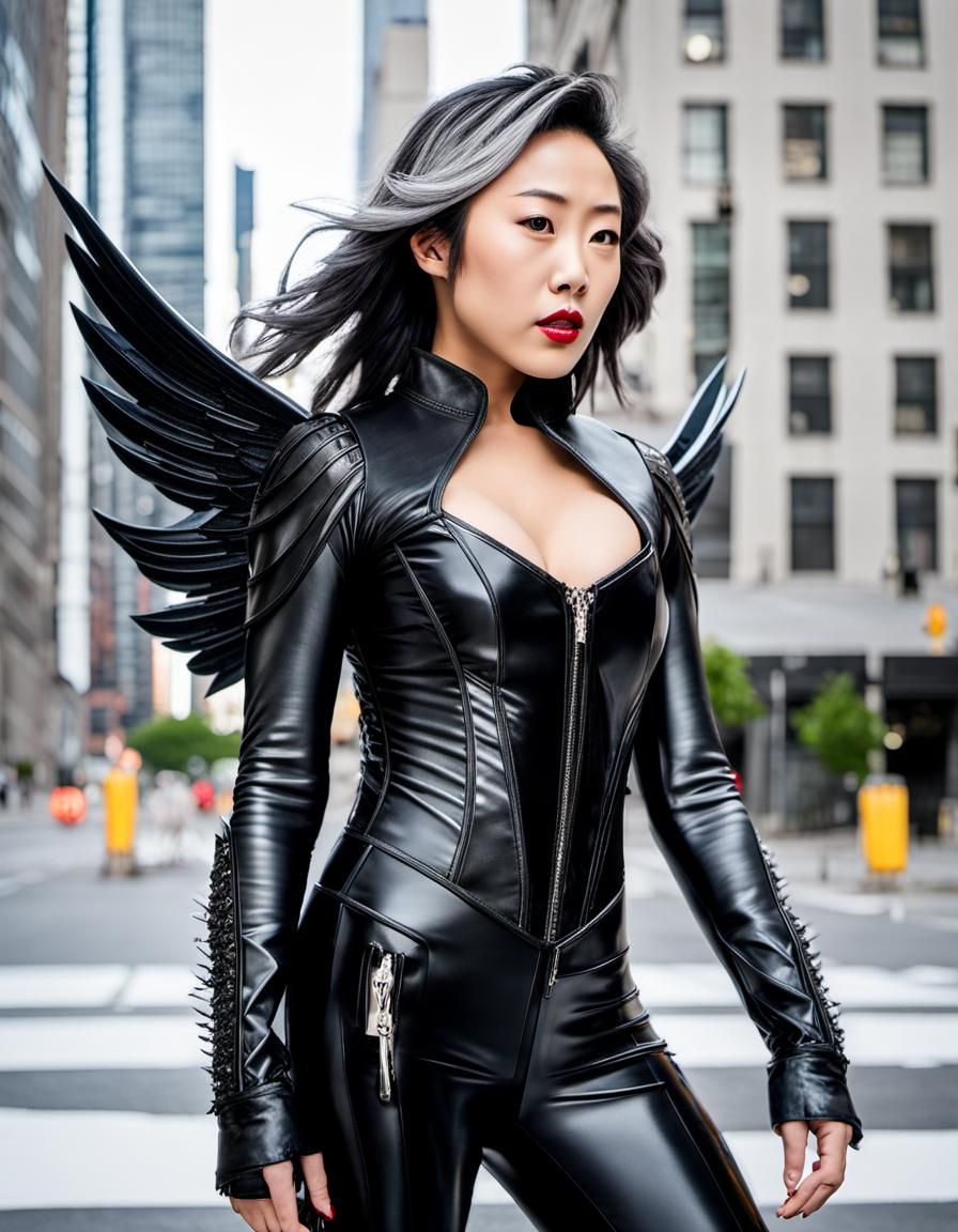 Asian biker girl with grey streaks wearing black leather suit with wings -  AI Generated Artwork - NightCafe Creator