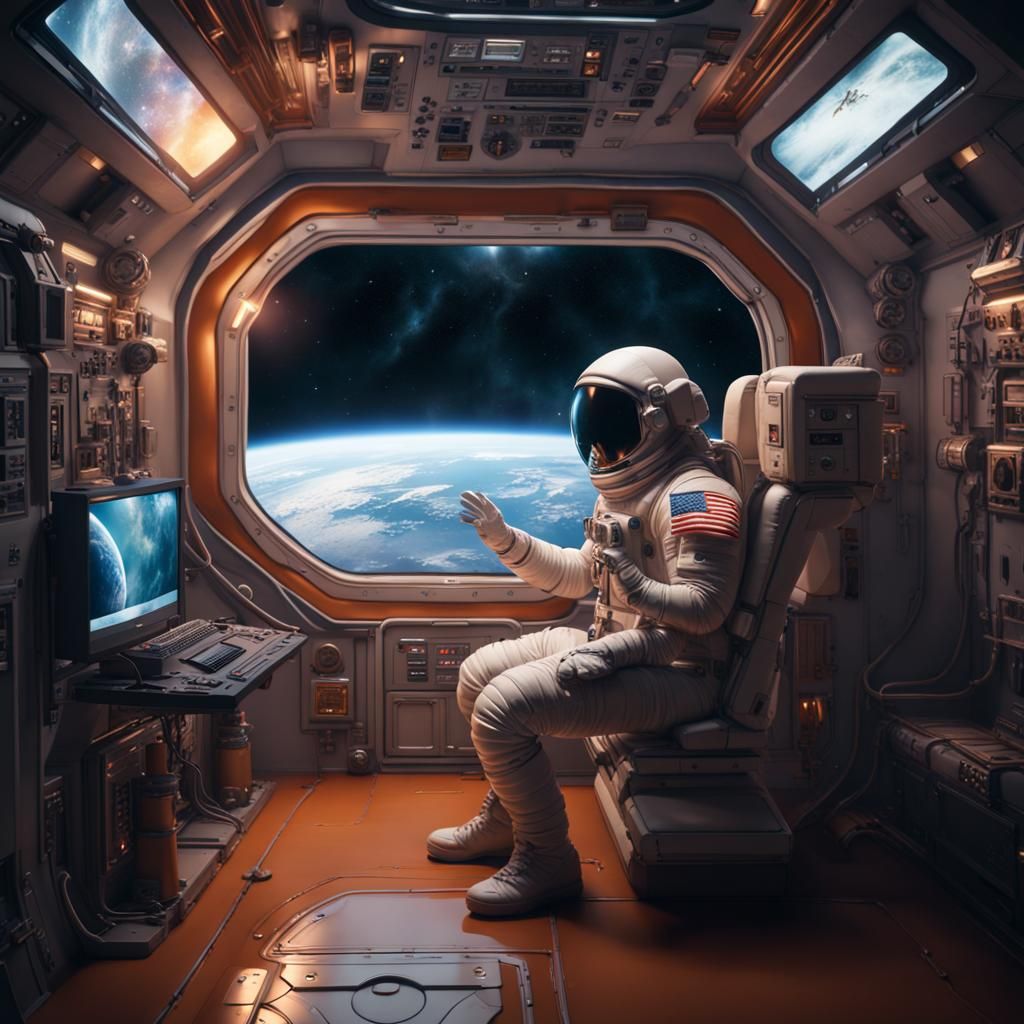 astronaut sits and watch tv   in spaceship realstic 16k high  by @undefined