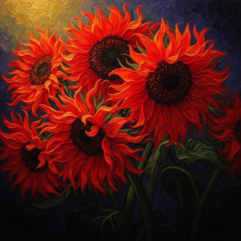 Oil painting of red  sunflowers  by @J