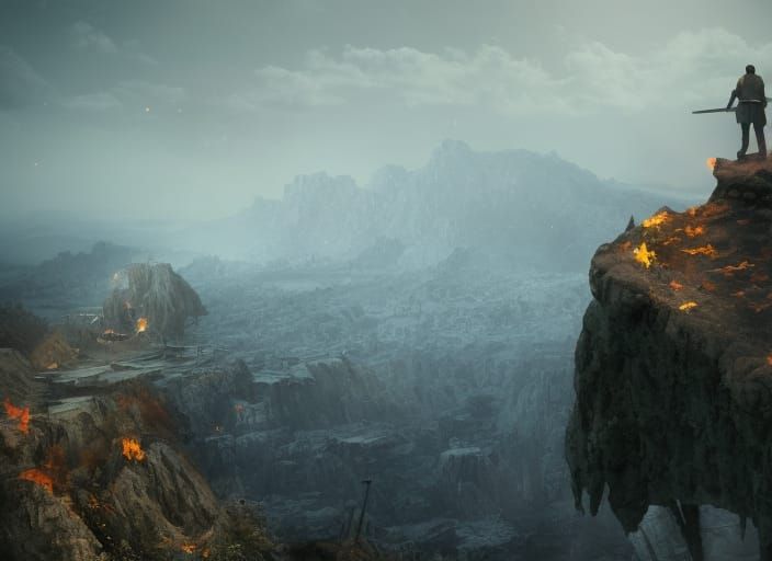 Lone man in battered armor looks over the cliff side at the ...