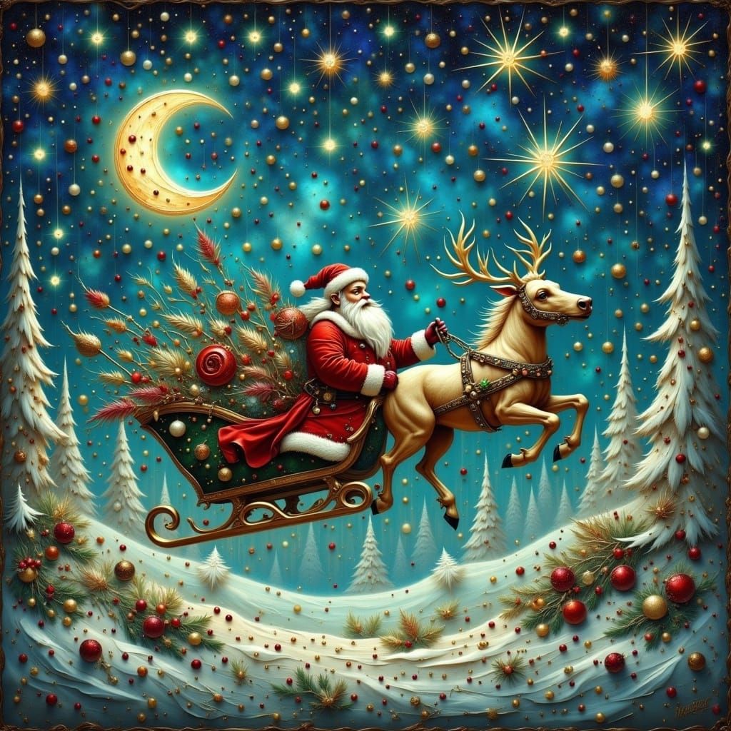 Santa's sleigh racing across the night sky, whimsical, enchanting <lora:Earth and texture:1.0>