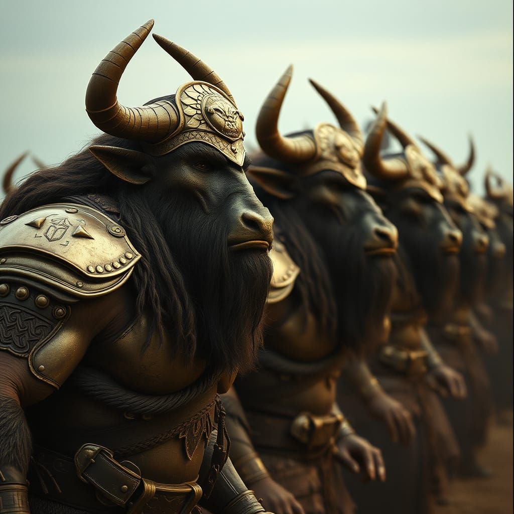Tall Minotaurs Prepare for Battle in Cinematic Fil AI Art
