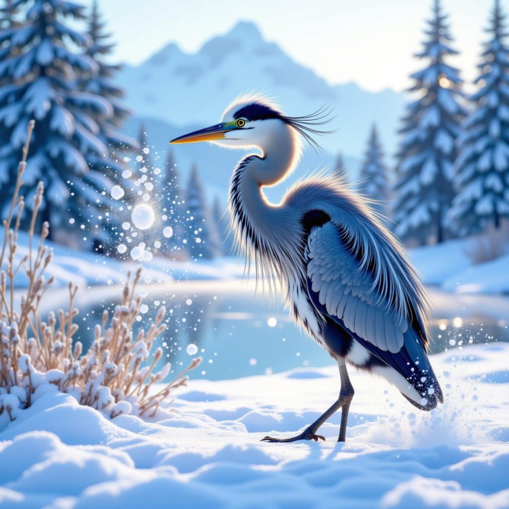 <lora:Heron Snow:1.0> Heron in a snowy winter scene