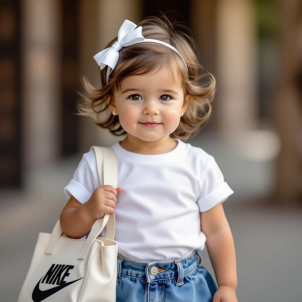 Realistic Toddler Girl with Denim Skirt and Nike Bag