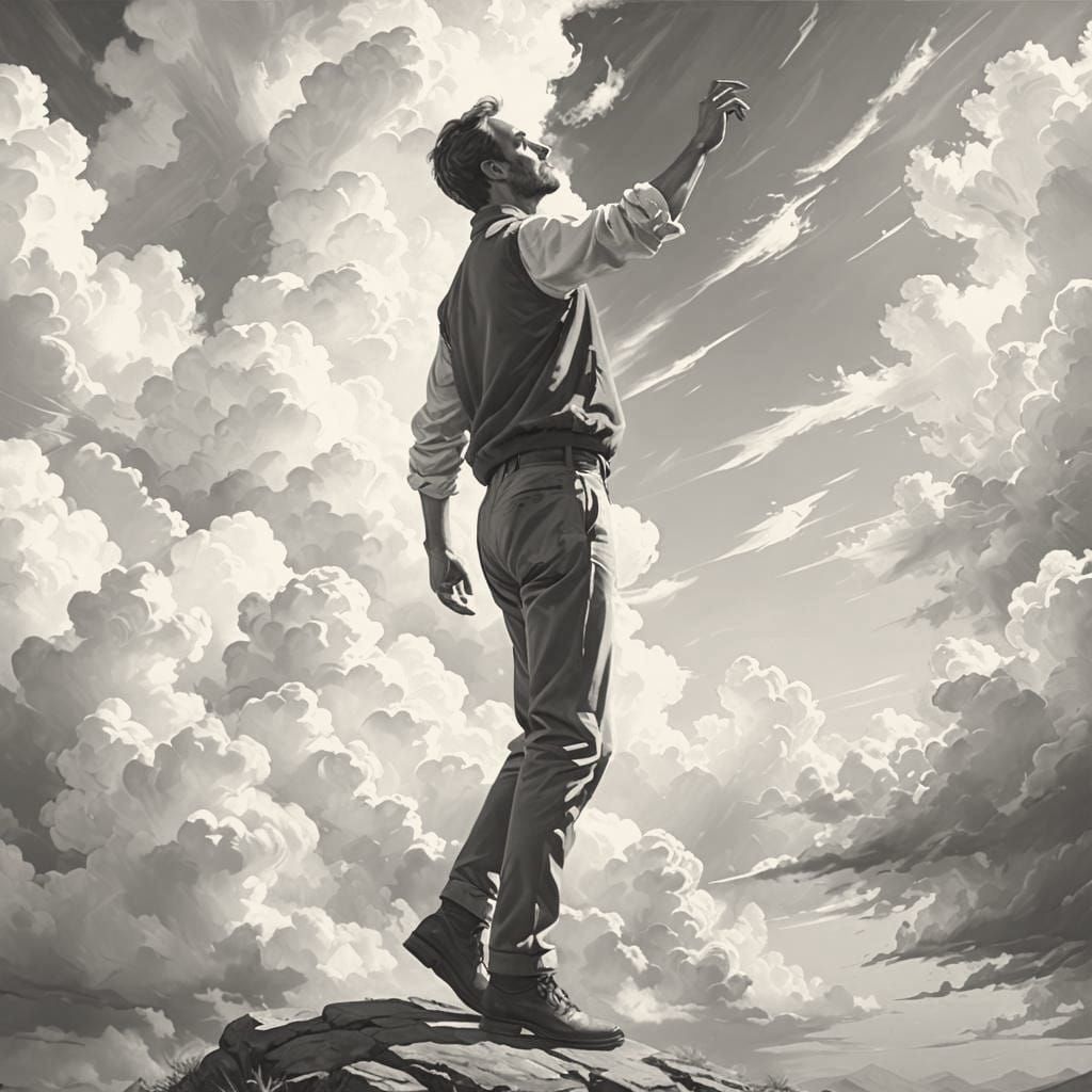 Man Reaching to Pluck Clouds From Sky