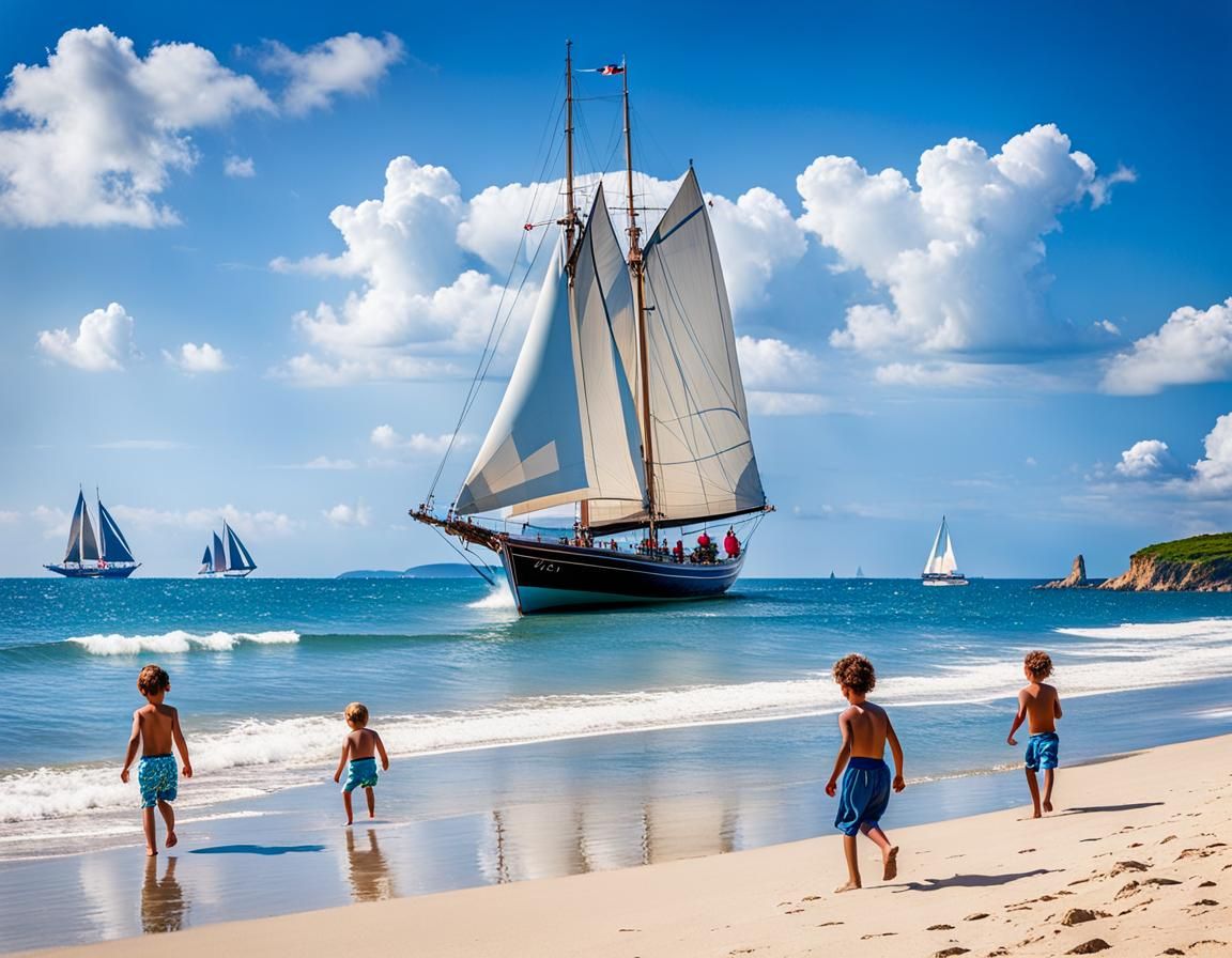 Children playing on the beach with a magnificent sailing boa...