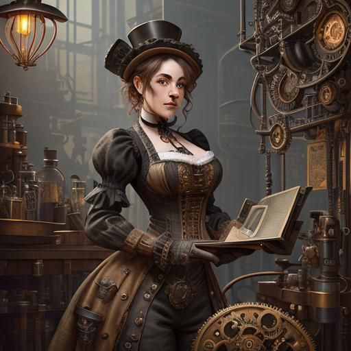Phyllis, a Victorian woman in a steampunk workshop