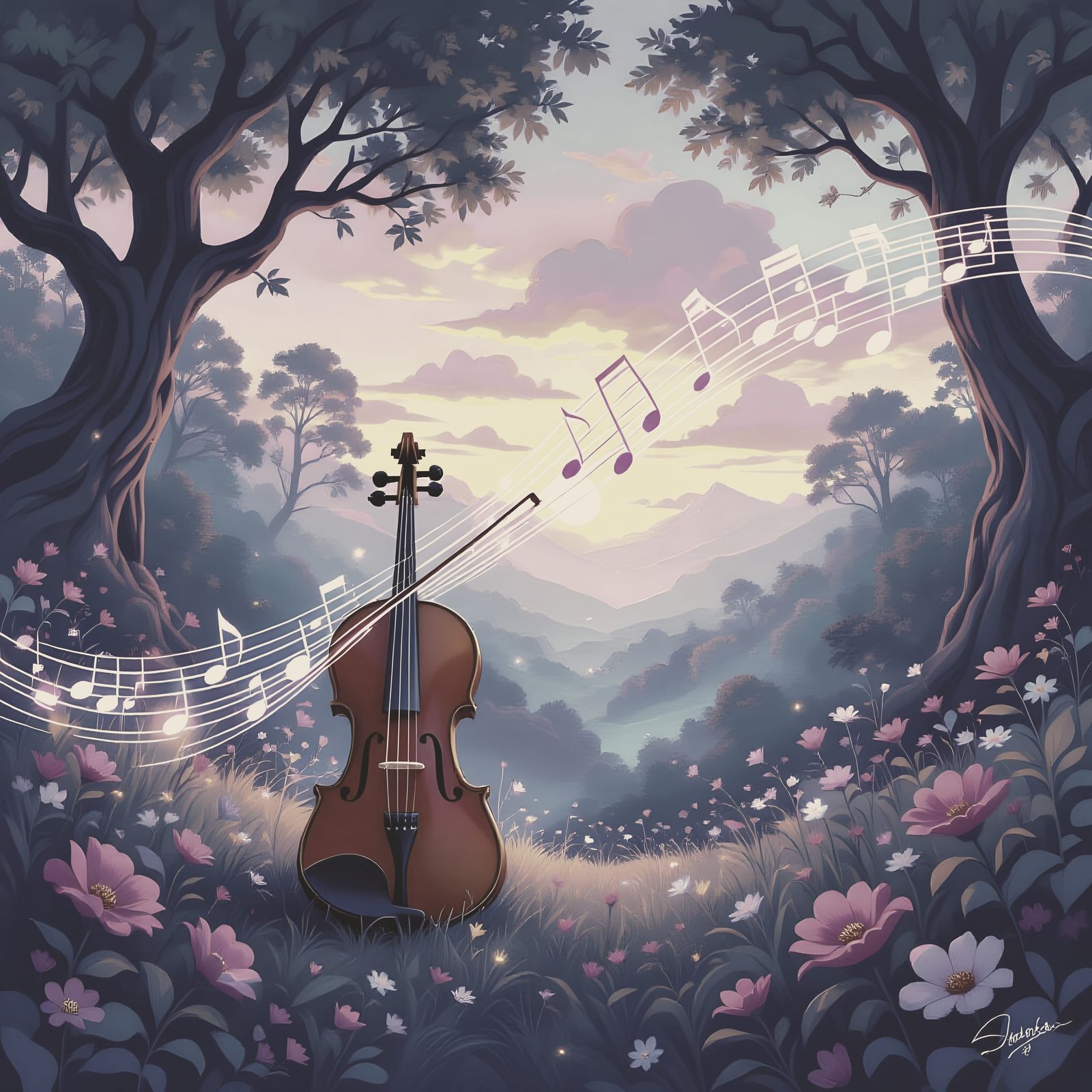 Enchanting Music Notes Flowing from Violin into Magical Land...