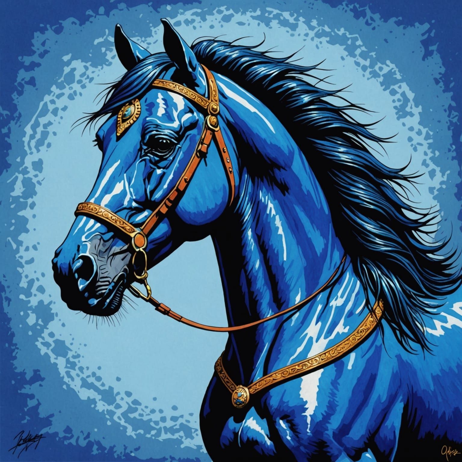 Blue Horse 1 in the style of Jimbo Phillips