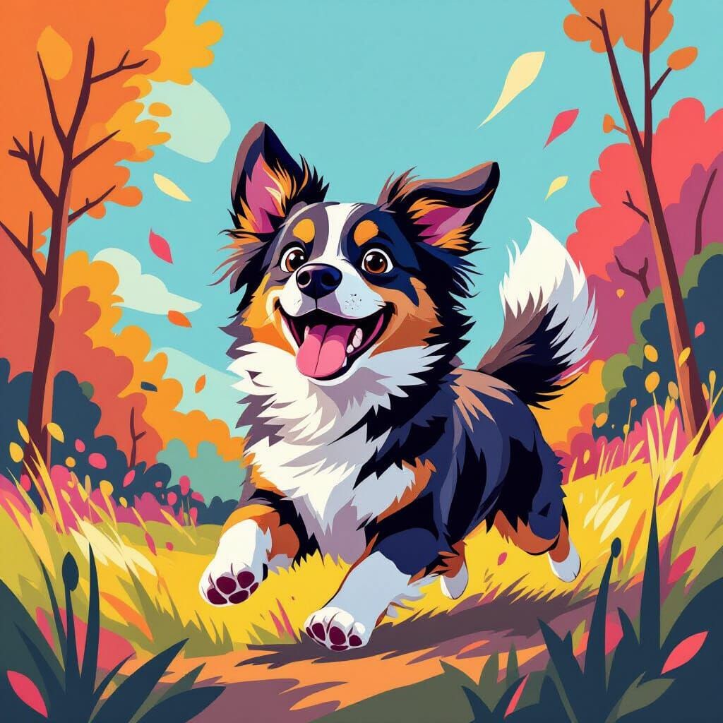 Joyful Dog Playing in Vibrant, Modern Illustration