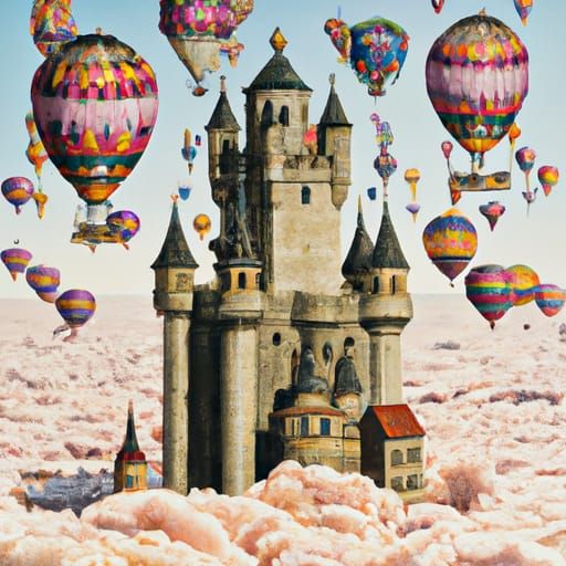 floating full castle in sky, between a lot of clouds and man...