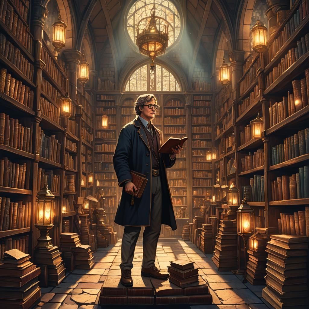 fantasy librarian in a magical library
