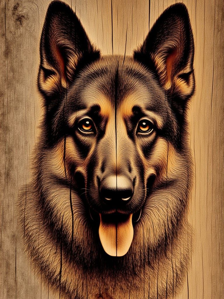 <lora:Ingrained wood:1.0> German shepherd dog portrait ingrained into the wood